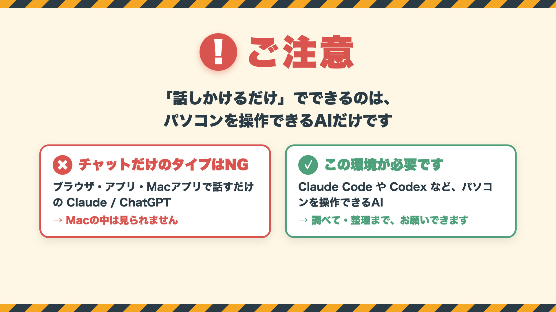 ご注意。ブラウザやアプリで会話するだけのClaude・ChatGPTではできず、Claude CodeやCodexなど、パソコンを操作できるAIの環境が必要